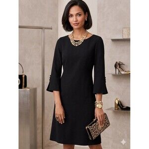Talbots Petites Black Dress 6 Dressy Lined 3/4-Long Sleeve Round Neck Mid Length
